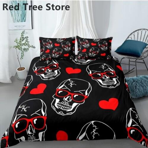 Romantic Gothic Heart Sugar Skull Printed Bedding Set Skeleton Love Adult Comforter Duvet Covers with Pillowcase King Queen Size