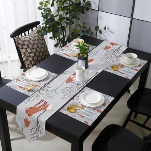 Cartoon Fox Branches Forest Snow Table Runner Holiday Kitchen Dining Table Runners Place Mats Set for Home Party Decor