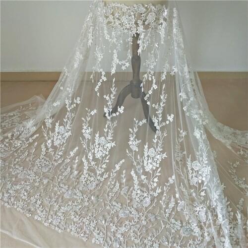 Ivory 3D Beaded Sequins Wedding Dress Lace Fabric Bridal Wedding DIY Material RS2484