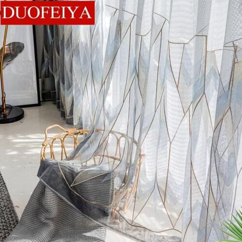 Grey Gold Geometric Tulle Curtain for Bedroom Nordic Embroidered Delicate Translucent Balcony Window Treatment Tenda