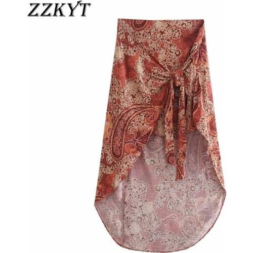 ZZKYT 2021 Women Spring Fashion Floral Print Bow Tie Midi Skirt Vintage High Waist Side Zipper Casual Faldas Vestidos Mujer