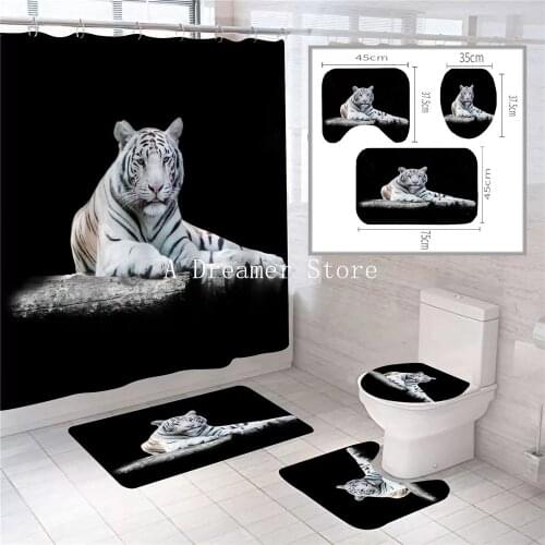 Custom Design White Tiger Animal Shower Curtain Set Black Decor Bathroom Toilet Mat Lid Rug Curtain With12 Hooks 4Piece