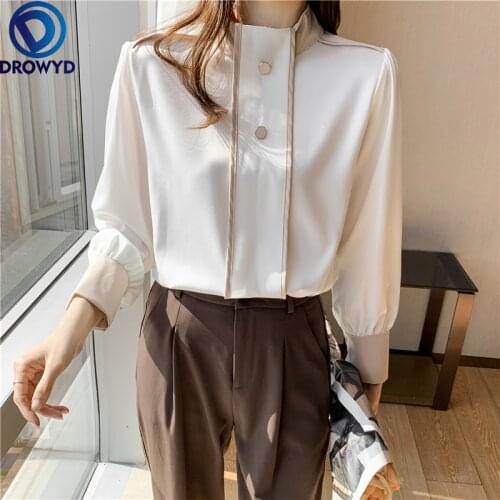 2021 New Office Lady Summer Blouse Pullover Chiffon Shirt Women Long Sleeve Black Tops Button Blusas Stand Collar Blouses DROWYD