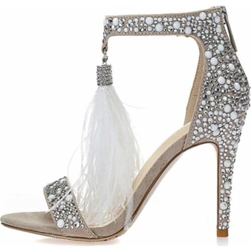 Full Rhinestone Women Gladiator Sandals Fringed High Heels Ankle Strap Summer Sandal Female Wedding Dress Shoes