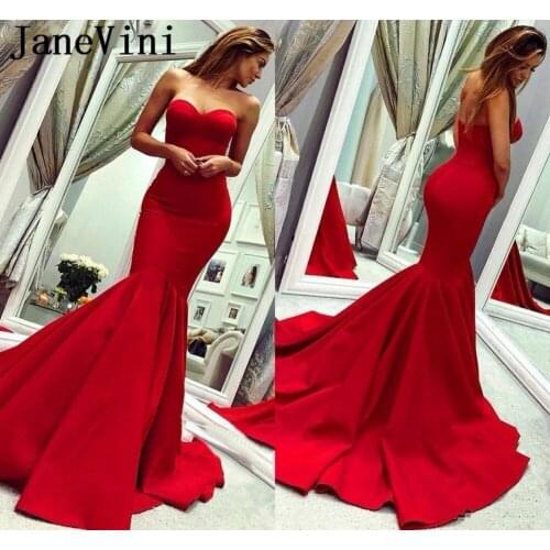 JaneVini Mermaid Prom Dresses Red Bestidos De Gala Satin Sweetheart Sexy Sweep Train Party Evening Dress Vestidos Prom 2019
