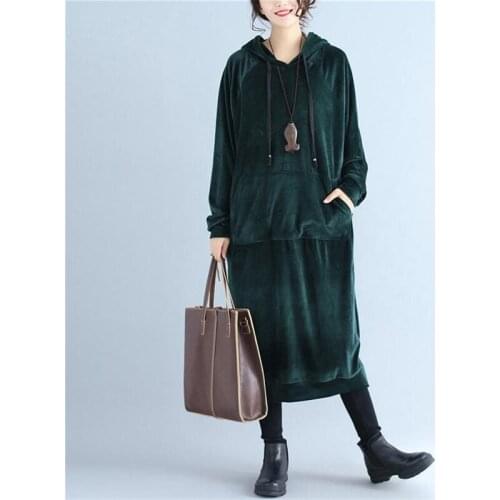 2020 Autumn Brand Women Velvet Dress Green red long sleeve loose causal hooded Dresses Outwear Spring outwear dress Vestidos