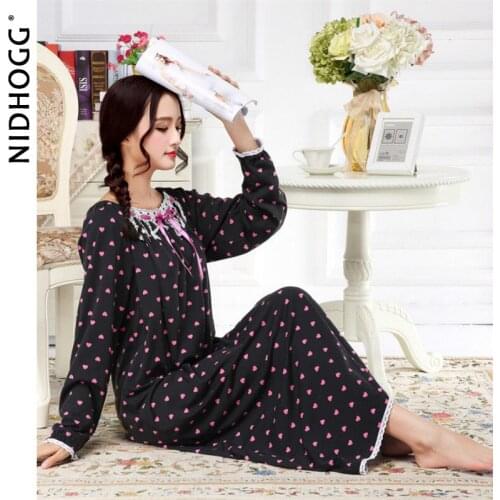 Womens Long-Sleeved Sexy Nightwear Autumn Washed Knitted Cotton Princess Night Gowns Long Nightdress Plus Size Sleeping Dress