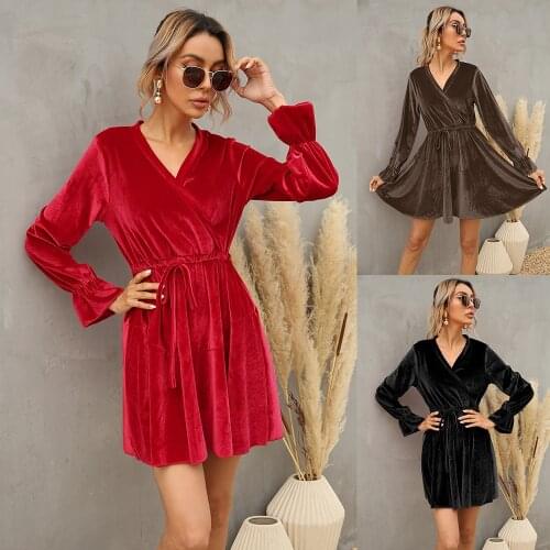 Womens gold velvet sexy V-neck waist long-sleeved dress