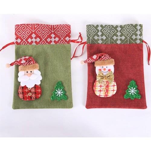 2Pcs/Set Christmas Burlap Candy Bags Snowman Santa Pattern Gift Bag Drawstring Treat Bag Christmas Party Supplies Kids Favors