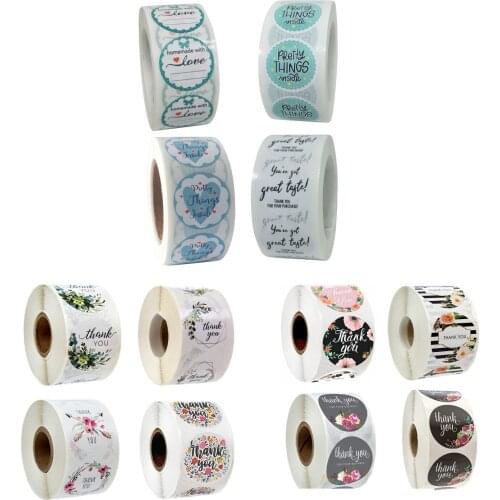500pcs/1Roll Floral Round Sticker Goods Package Seal Custom Label Colorful 'Thank you' 'Homemade' 'Pretty Things'2.5cm/0.98in