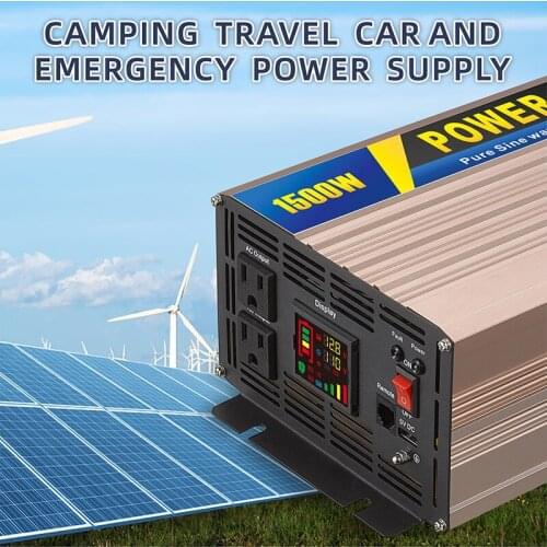 1500W Car/Solar Off-grid Inverter Sine Wave Output 12/24/48V European/UK/US Plug Outdoor Power Supply Connected to Battery