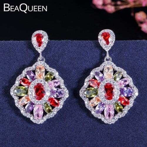 BeaQueen Romantic Oval Round Green Red Austrian Crystal Big Colorful Flower Drop Earrings Fashion Jewelry for Women E018