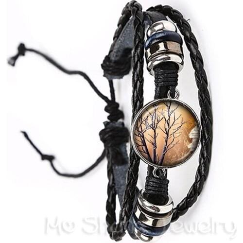 Hot Sale Trendy Tree of Life Glass Cabochon Bracelet For Men Women Children Black/Brown Leather Bangles Jewelry Creative Gift