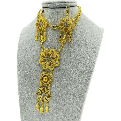 Dubai Jewelry Sets for Women Gold Color Saudi Arabia Earrings Ethiopia 24k Flower Necklace Fashion African Wedding Bride Gifts