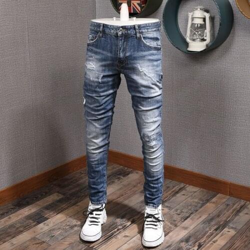 Newly Streetwear Fashion Men Jeans Retro Blue Plain Washed Slim Fit Ripped Jeans Men Brand Designer Vintage Casual Denim Pants