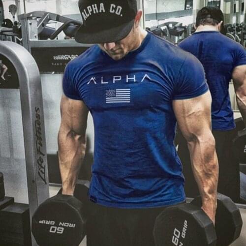 Dry fit men gym running t-shirt Letter print bodybuilding sport shirt Summer short sleeve sports fitness workout shirt training