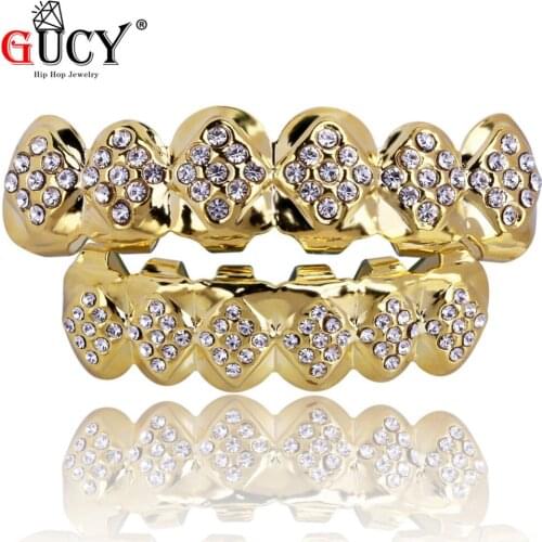 GUCY Hip Hop Teeth Grillz Caps New Fit Iced Out Crystals Top & Bottom Gold Teeth Grills Set Halloween Christmas Gift