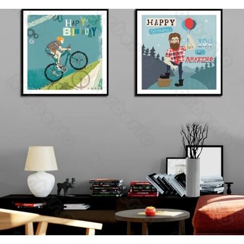 Modern Style Canvas Painting Wall Poster Cool Men Riding Bikes Letters Happy Birthday Colorful Balloons for Home Rooms Decoratio