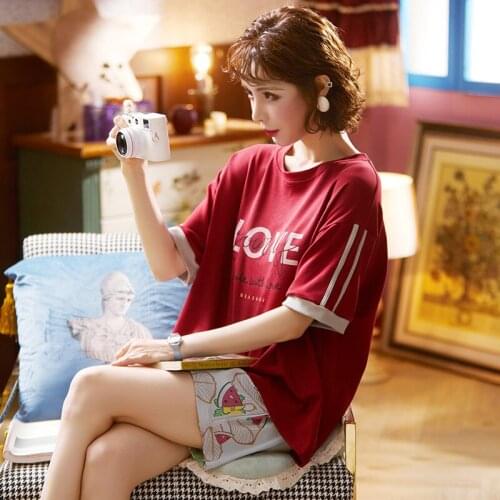Summer Pajamas Set Fashion Red O-Neck Short Sleeve Letter Sleepwear For Women Cotton Nightwear Kawaii Strawberry Shorts Homewear