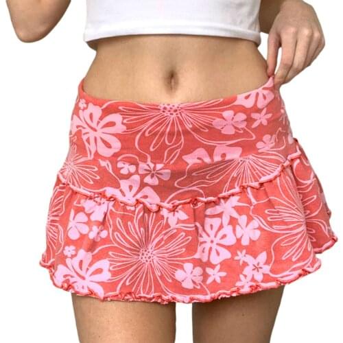 Summer Womens A-Line Mini Skirt Casual High Waist Floral Print Frill Trim Above Knee Short Skirt