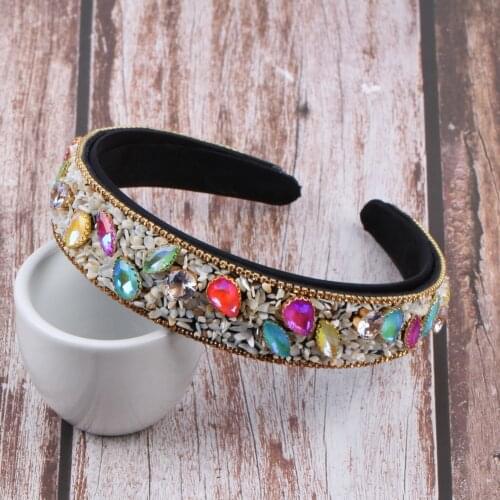 Fashion New Teardrop Stone Black Band Hairbands Hair Jewelry Chunky Colorful Glass Rhinestone Bead Crystal Headbands for Women