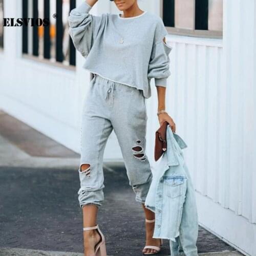 New Autumn Winter Fashion Suit Women Hole Sport Two Set Casual Solid Color Long Sleeves Streetwear Irregular Elegant Party Suit