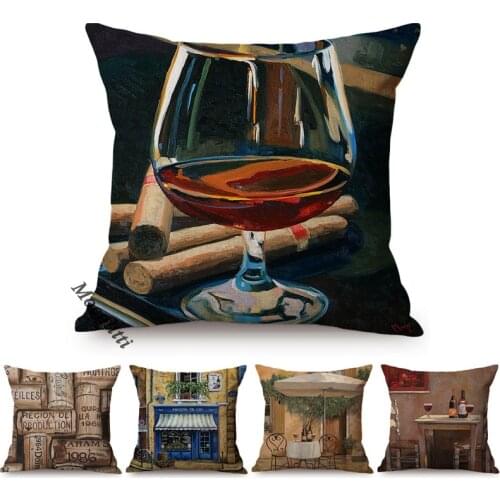 Vintage Wine Brandy Liquor Culture Art Oil Painting Print Sofa Pillow Case Letter Town Landscape Bar Decoration Cushions Cover