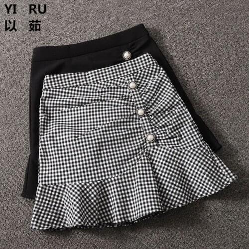 Womens Pleated Tartan Skirt High-Waist A- line Ruffle Fishtail Skirt Woman Skirts Mujer Faldas Saias Mulher