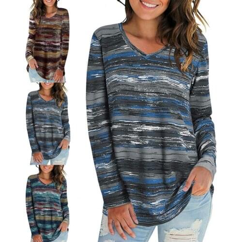 2021 Casual Women T-shirt Comfortable Digital Striped Print V Neck Autumn Winter Long Sleeve All Match Top Streetwear for Office