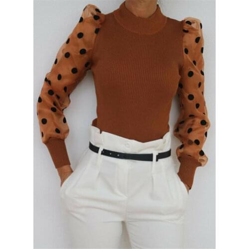 Meihuida Autumn Winter Women Polka Dot Knitted Sheer See-through Translucent Long Puff Sleeve Sweater Blouse Shirts