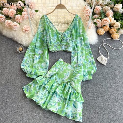 Summer 2 Piece Set Dress 2021 Korean Fashion V-neck Puff Long Sleeve Chiffon Blouse + High Waist Slim Ruffle Skirt Suits Women