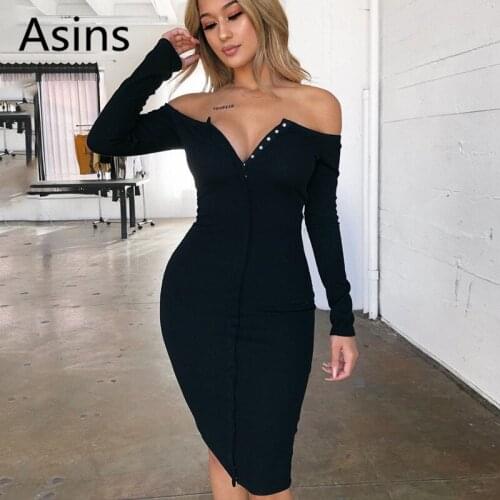 Asins women dress 2019 spring new hot women casual fashion wild slash neck strapless high waist solid single-breasted sexy dress