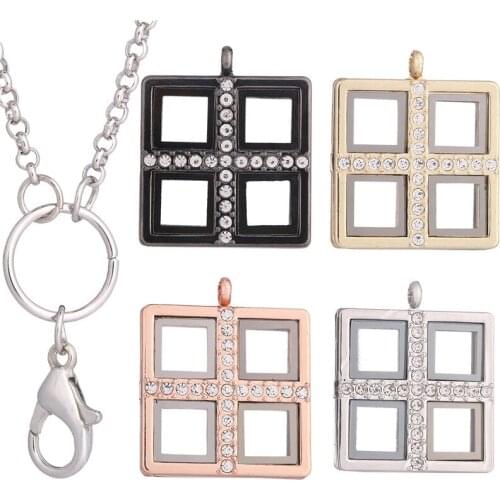 10pcs/lot Alloy Four small squares Memory Glass Living Floating Locket for Floating charms Pendant Necklace With Free Chains