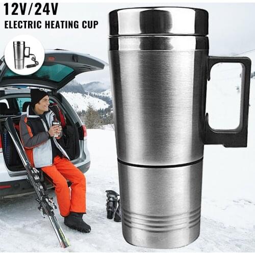 12/24V Portable Car Heating Cup Milk Water Kettle Tea Coffee Stainless Steel Bottle Warmer Heated Travel Camping Vehicle Mug