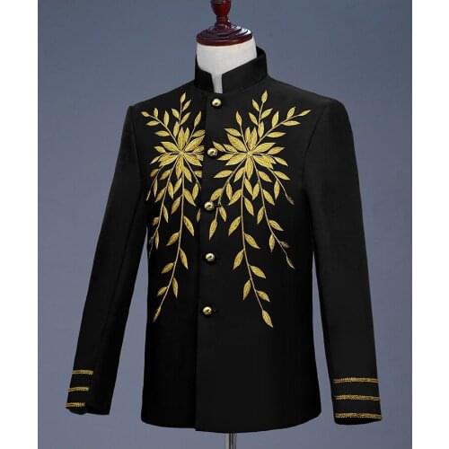 Freeship mandarin collar black/white/red golden leaf embroidery stage performance/dance/bar stuido tuxedo jacket/ASIA SIZE
