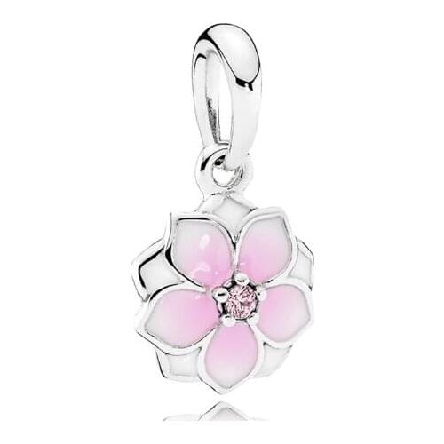 Genuine 925 Sterling Silver Bead Charm Pink Enamel Magnolia Bloom With Crystal Beads Fit Pan Bracelet & Necklace Jewelry