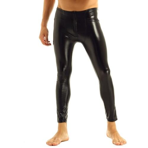 Black Mens Lingerie Sexy Tight Pants Patent Leather Zipper Bulge Pouch Leggings Trousers Underwear Clubwear Dance Costumes