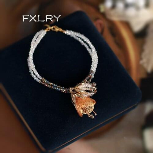 FXLRY Original Handmade vintage Metal Mesh Handmade Flower Bracelet For Lady Jewelry Accessory