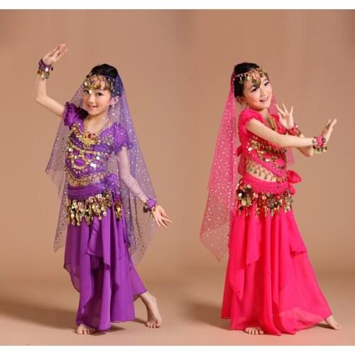 2017 New Girls Belly Dance Costumes 2-4-5-6Pcs Chiffon Sequin Clothing For Kids Genie Fringe Dance Pants Gypsy Clothes