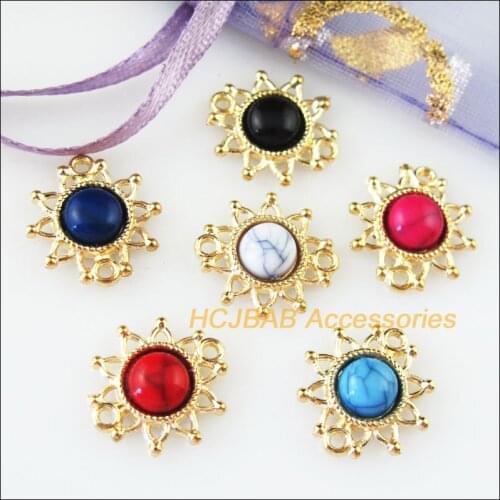 Fashion 24Pcs Gold Color Round Mixed Acrylic SunFlower Charms Pendants Connectors 14x14.5mm
