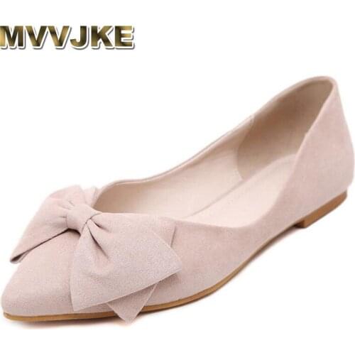 MVVJKE 2019 Elegant Bowtie Women Loafers Spring Summer Pointed Toe Ballet Flats Slip On Flock Casual Shoes