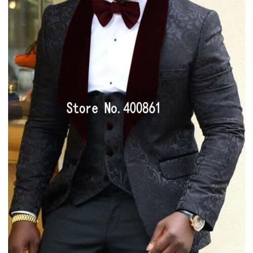 New Design One Button black Groom Tuxedos Shawl Wine Lapel Groomsmen Best Man Mens Wedding Suit (Jacket+Pants+Vest+Tie) W:299
