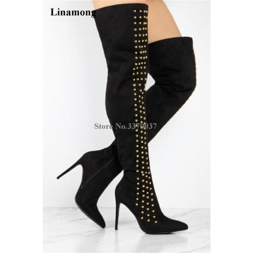 New Design Women Fashion Pointed Toe Suede Leather Over Knee Rivet High Heel Boots Gold Spike Thigh High Long Boots Dress Shoes