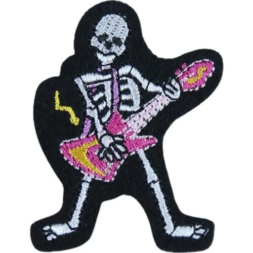 Punk guitar Skull Black Patches Wholesale Applique Iron On Clothes European and American punk band Badges Clothing Accessories