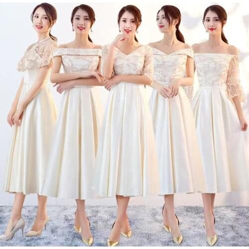 Bridesmaids Dresses Illusion Short Boat-Neck A-Line Tulle Off The Shoulder Ankle-Lengh Champagne Women Wedding Party Gown E638