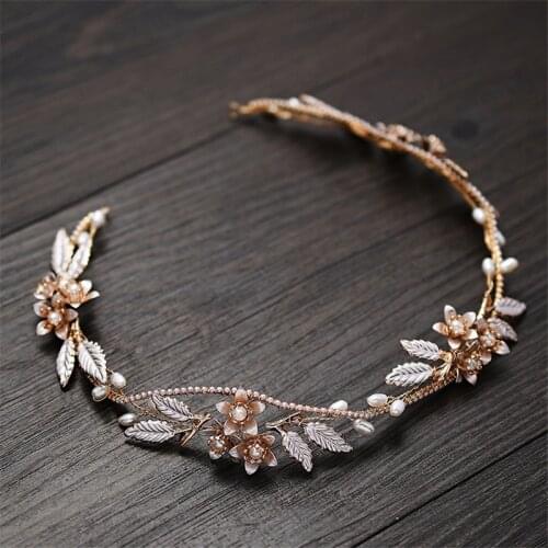 Boho Gold Floral Bridal Hair Vine Women Headband Pearls Jewelry Handmade Leaf Wedding Headpiece Accesories