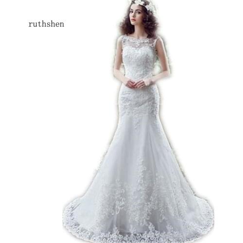 Ruthshen Mermaid Lace Backless Wedding Dresses Cheap With Sheer Bateau Appliques Bohemian Wedding Gown Vestido De Novia 2020