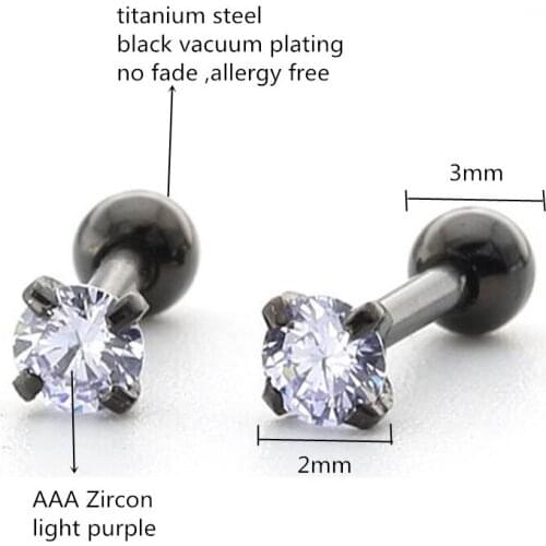 Titanium Black Plated Screw Stud Earrings With Mini 3mm Light Purple AAA Zircon 316L Stainless Steel No Fade No Allergy