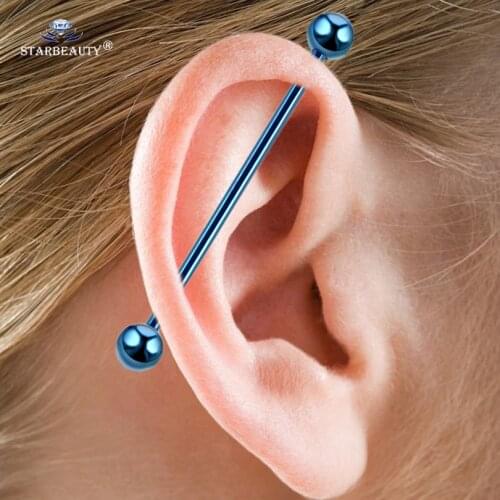2 pcs/lot 35mm Long Barbell Industrial Piercing Orelha Cartilagem Blue 14G Stainless Steel Helix Cartilage Piercing Body Jewelry