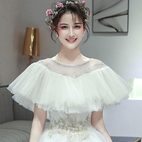 Women Ruffle Shiny Beading Evening Tulle Sweet Cape O-Neck Soft Elegant Formal Sheer Cape Wedding Party Shawl Ivory
